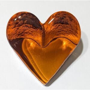 Amber Fire & Light Glass Heart Paperweight Signed Unmarked Decor Contemporary